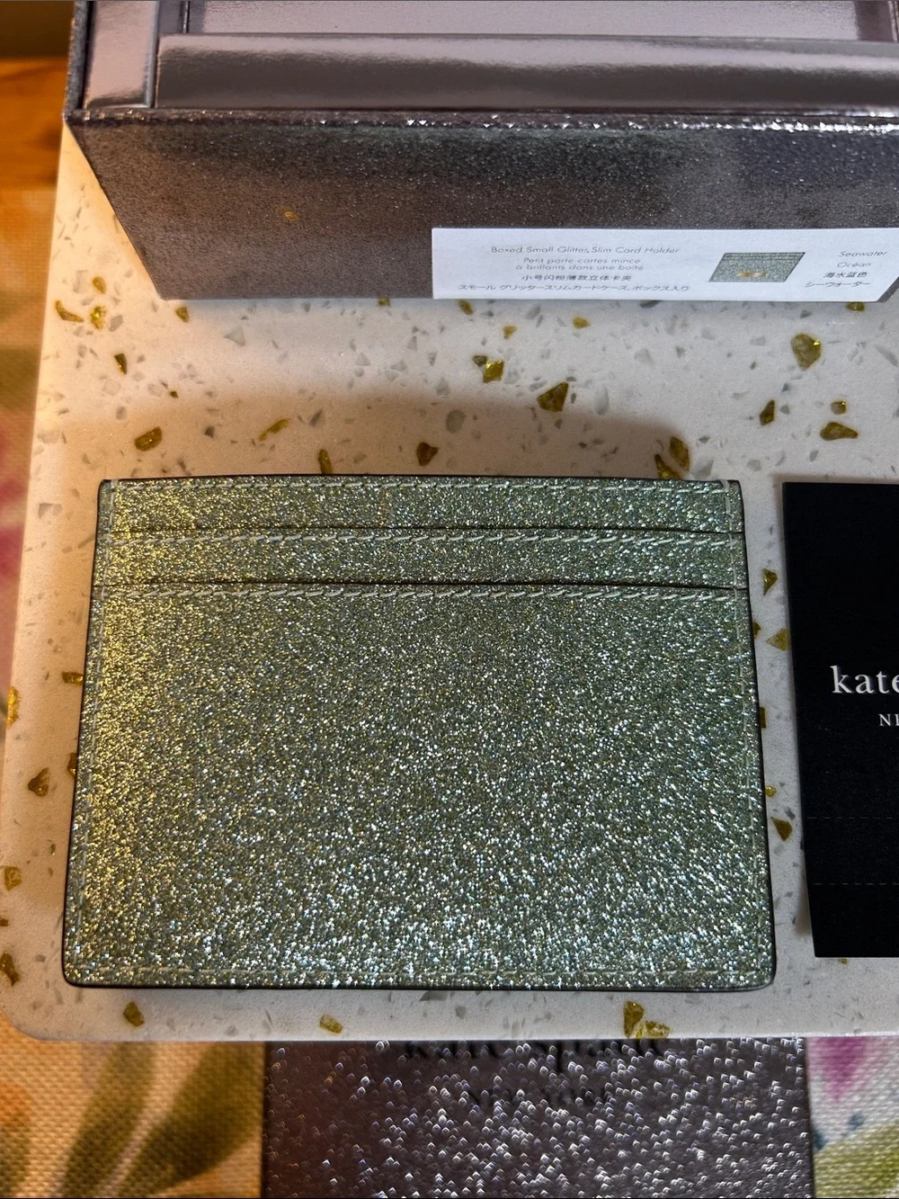 kate spade Mint Green Glitter Card Holder with Gold Plaque